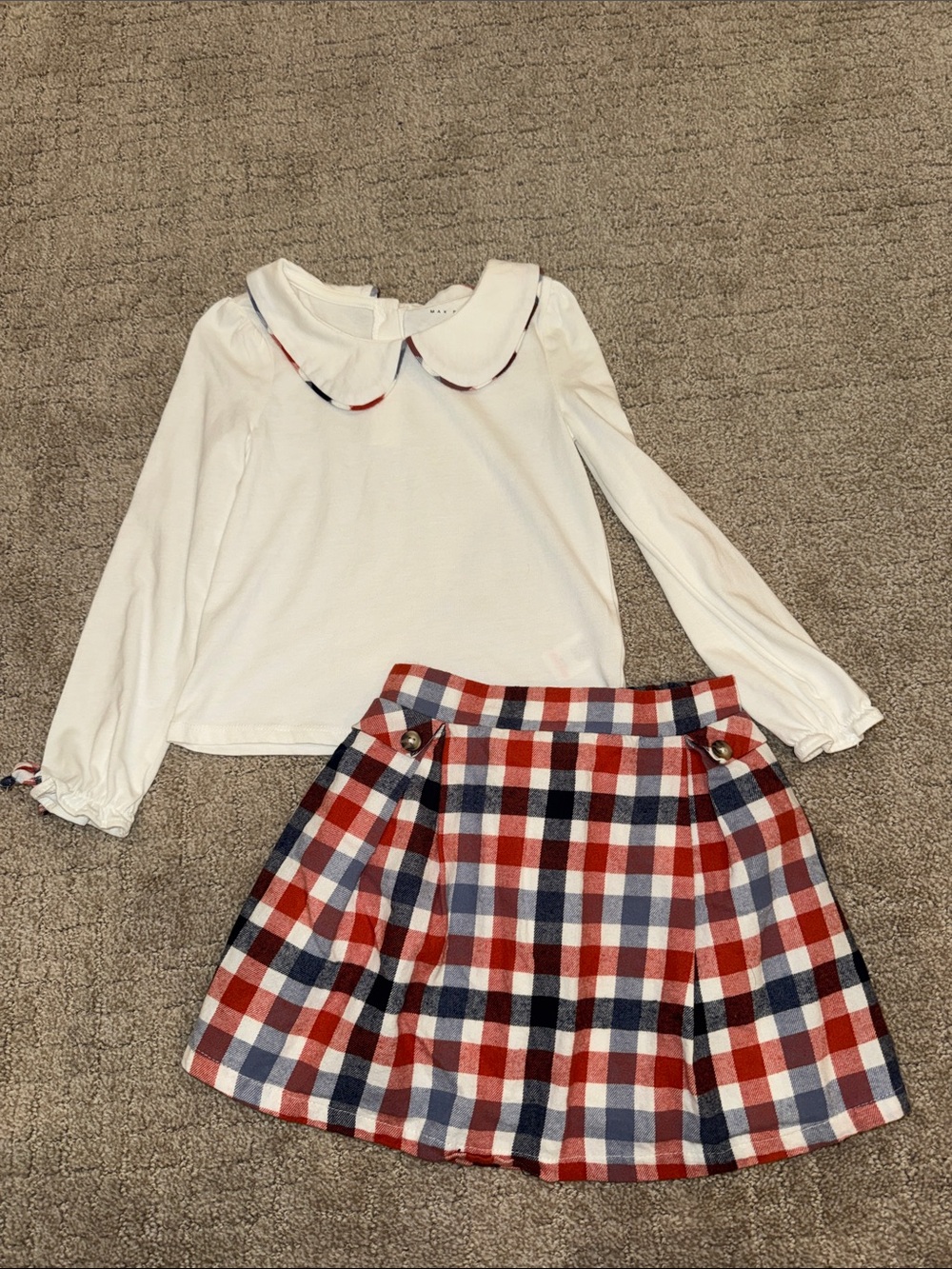 Cream/white Peter Pan Collar Top with Orange & Blue Plaid Skirt Set